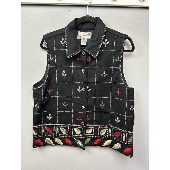 BSA Wool Vest Black Floral‎ Button Front Womens Medium Embroidered Fall - Picture 1 of 7